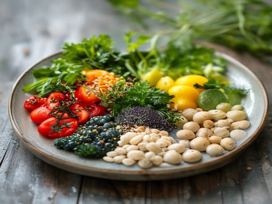 Variasjon av grønnsaker, frukter og kornprodukter på plate, balansert måltid