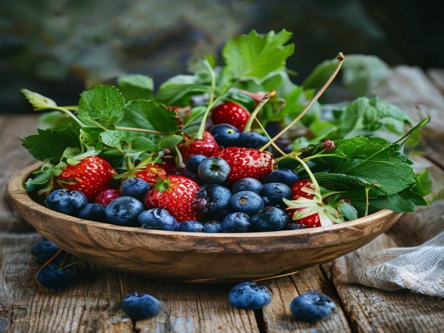 Sommerfrukt og berries på plate med blomster, frisk sommermiddag
